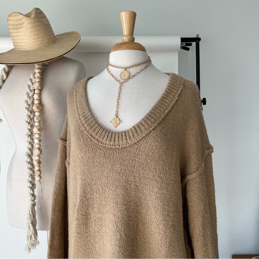 TAN LOW NECK PLUSH KNIT OVERSIZED SWEATER - Picture 4 of 5